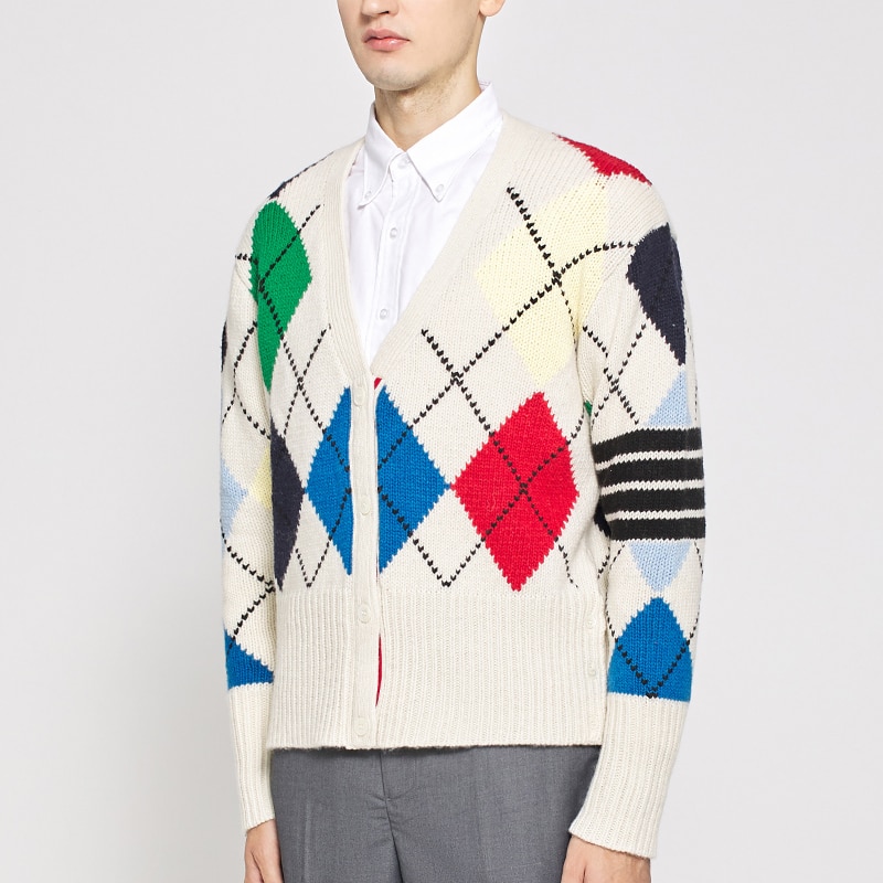 해외]TB THOM 2021 패션 브랜드 스웨터 남성 슬림 피트 카디건 의류 아가일 화이트 V-Ncek 울 가을 겨울 두꺼운 캐주얼 코트